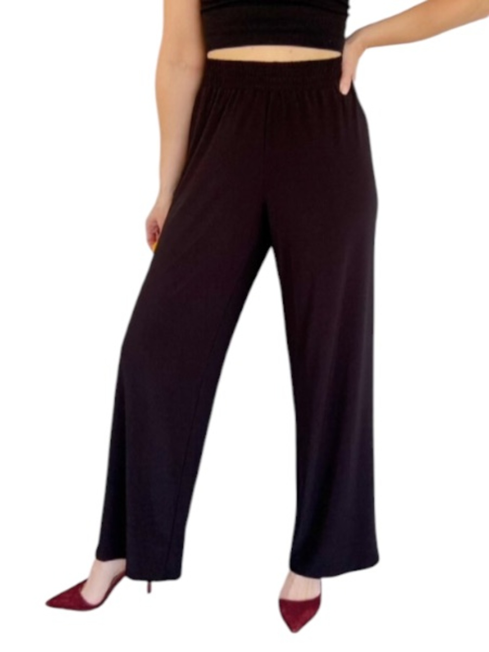 Ellen Weaver black stretchy spandex blend elastic waist wide leg pants PM